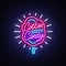 Cotton candy neon sign. Cotton candy logo in neon style symbol banner light, bright cotton candy night advertising