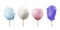 Cotton candy realistic set. Candyfloss on sticks. Spun sugar coloured confection. Children dessert, sweets.