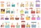 Cotton candy seller icons set cartoon vector. Food carnival