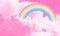Cotton candy sky pink background illustration, rainbow in the clouds.