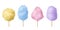 Cotton candy. Sweet sugar candyfloss pink, blue and yellow yummy fluffy dessert with stick, traditional carnival or