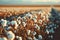 Cotton farm during harvest season. Field of cotton plants with white bolls. Sustainable and eco-friendly practice on a cotton farm