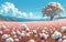 Cotton Field with Trees and Cloud Sky extreme closeup. Generative AI