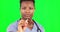 Cotton swab, black man face and doctor with green screen doing a a covid and healthcare test. Isolated, studio