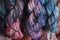 Cotton yarn. Hand-dyed threads. Modern tie dye. Diversified skeins for knitting