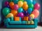 A couch that has a bunch of balloons on it, a bright and saturated palette.