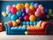 A couch that has a bunch of balloons on it, a bright and saturated palette.