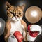 Cougar cat boxer poses for a photo with red-white boxing gloves