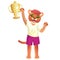 The cougar girl in sport uniform cheering with goblet is on the white background