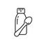 Cough syrup with teaspoon. Bottle of mixture, linctus or liquid medicine with measuring spoon. Black linear icon of baby treatment