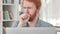 Coughing Sick Casual Redhead Man Working on Laptop