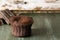 Coulant chocolate cake, baked on blue wood