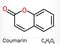 Coumarin, C9H6O2 molecule. It has sweet odor, recognised as scent of newly-mown hay. Coumarinic compounds are a class of lactones