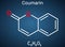 Coumarin, C9H6O2 molecule. It has sweet odor, recognised as scent of newly-mown hay. Coumarinic compounds are a class of lactones