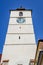 The Council Tower Turnul Sfatului towards clear blue sky  in the old city center of Sibiu, in Transylvania Transilvania region