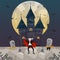 Count Dracula at castle on Halloween night celebration vector illustration.