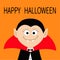 Count Dracula head wearing black and red cape. Cute cartoon vampire character with fangs. Happy Halloween. Greeting card. Flat des