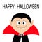 Count Dracula head wearing black and red cape. Cute cartoon vampire character with fangs. Happy Halloween. Greeting card. Flat des