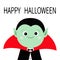 Count Dracula headwearing black and red cape. Cute cartoon vampire character. Green face with fangs. Happy Halloween. Greeting car