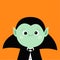 Count Dracula headwearing black and red cape. Cute cartoon vampire character. Green sad face with fangs. Happy Halloween. Greeting