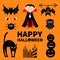 Count Dracula, monster, spider, bat, owl, red eye, candle set. Happy Halloween. Text with pumpkin. Cute cartoon scary silhouette