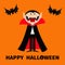 Count Dracula wearing black and red cape. Cute cartoon vampire character with big open mouth, tongue and fangs. Two flying bat ani