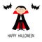 Count Dracula wearing black and red cape. Cute cartoon vampire character with fangs. Two flying bat animal. Happy Halloween. Flat