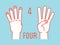 Count on fingers. Number four. Gesture. Stylized hands with index, middle, ring and little fingers up. Vector.