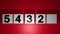 Countdown from five to one, moving cubes with numbers, gray cubes on red background, after finish of countdown are the