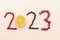 Countdown to New Year.2023 lettering number shaped with sweet fresh raspberry, currant,berry on pink background