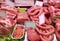 Counter of a butcher`s shop with various types of meat displayed