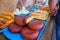 Counter of private sale of smoked local cheese in the mountains of Adygea