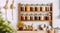 Countertop Spice Rack KItchen Indoor Interior. Kitchenware Utensils on Wooden Strip Indoors Food Store Bunch of Dried Herbs.