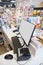 Countertop in stationery shop with white blank PC monitor, cash counter machine, credit card reader and barcode scanner