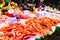 Countertop with various fresh seafood in Boqueria market. Barcelona