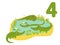 Counting from 1 to 10. Number 4, page with colorful illustration. Cute crocodiles in the water. Preschool activity for kids.