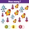 Counting educational children game, kids activity sheet. How many objects task. Learning mathematics, numbers, addition theme cosm