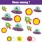 Counting educational children game, kids activity sheet. How many objects task. Learning mathematics, numbers, addition theme cosm