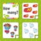 Counting game for children. Happy characters. Learning mathematics. How many object in the picture. Education worksheet. With