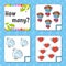 Counting game for children. Happy characters. Learning mathematics. How many object in the picture. Education worksheet. With