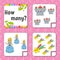 Counting game for children. Happy characters. Learning mathematics. How many object in the picture. Education worksheet. With