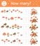 Counting game with mushrooms and tree stump. Autumn activity for preschool children. Fall season math worksheet. Educational