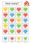 Counting game for preschool children for the development of mathematical abilities. How many hearts of different colors. With a pl