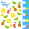 Counting game for preschool children. How many items in the picture. Fruits pineapple, lemon, lime and juice. Simple flat isolated