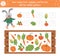 Counting game with vegetables, wooden case and rabbit. Autumn spying activity for preschool children. Fall season math worksheet.