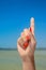 Counting woman hand. Hand gesture with sea on background