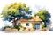 Country charm cartoon watercolor illustration of a cottage home in summer village