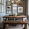 Country Charm: A cozy farmhouse-style dining room with a rustic wooden table, mason jar chandeliers, and a gallery wall of vinta