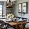 Country Charm: A cozy farmhouse-style dining room with a rustic wooden table, mason jar chandeliers, and a gallery wall of vinta