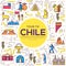 Country Chile thin line guide of goods, places and features. Set of outline architecture, fashion, people, items, nature